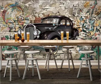 beibehang papel de parede 3d фреска на заказ ретро классический автомобиль сквозь стену стерео ресторан бар фреска фон обои