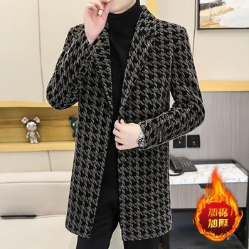 Зимняя Длинная шерстяная куртка 2022, мужской модный клетчатый повседневный деловой тренч, плотное теплое тонкое социальное пальто, мужская одежда