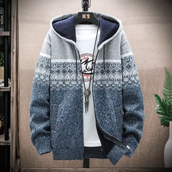 Мужской свитер с принтом, кардиган с капюшоном, холодное пальто, шерстяная куртка на молнии, осенне-зимний шерстяной теплый модный тканый пуловер