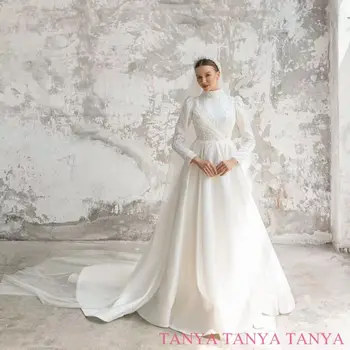 Нежное мусульманское свадебное платье с бисером, Щедрый высокий воротник, Длинные рукава, Свадебное платье, Элегантное платье невесты на заказ SWD838