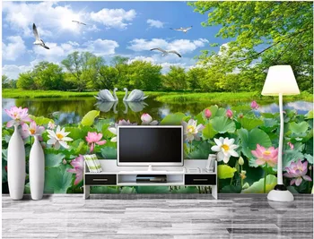 Пользовательские фото 3D обои для комнаты Романтическое озеро с лебедями, пейзаж пруда с лотосами, картина для гостиной, 3D настенные фрески, обои для стен 3 d
