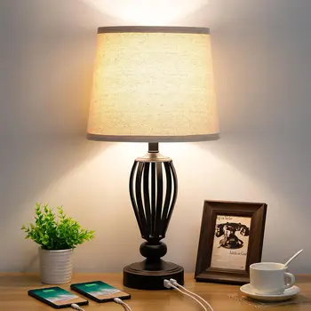 Прикроватная Лампа, 3-Полосная Сенсорная Настольная лампа с регулируемой Яркостью с двумя USB-портами для зарядки, Промышленная Настольная Лампа На Черном Металлическом Основании, Фермерский дом Для Чтения